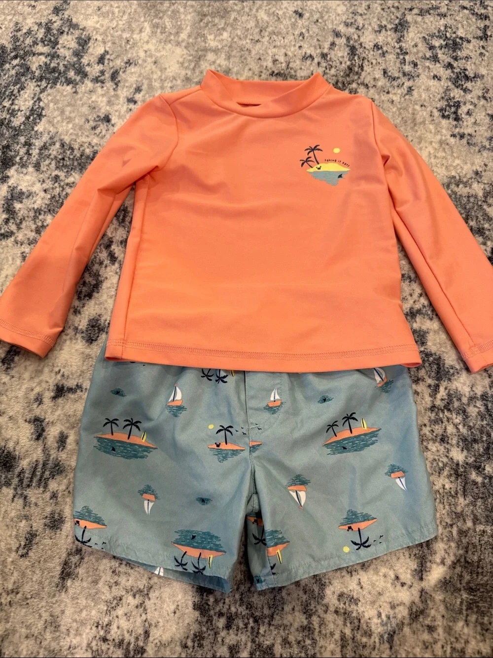 Carter's Coral Swim Top with Teal Island-Print Swim Shorts